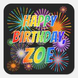 Sticker Carré Prénom "ZOE", amusant "HEUREUX ANNIVERSAIRE"