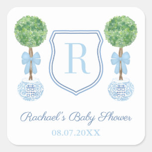 Sticker Carré Préppy Blue Monogram Boxwood Baby shower Favoriser