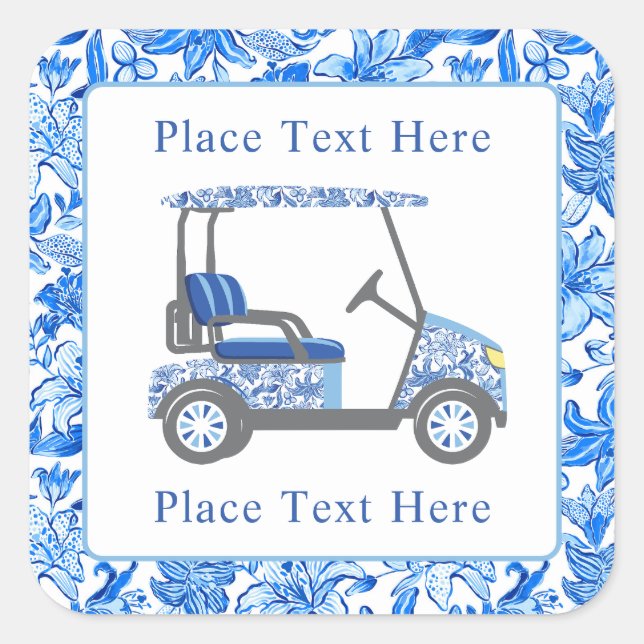 Sticker Carré Preppy Blue & White Flowers Golf Cart (Devant)