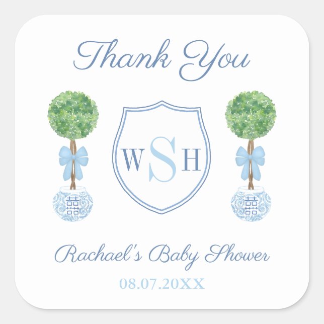 Sticker Carré Preppy Boy Baby shower Monogram Merci Favor (Devant)