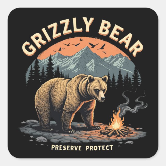 Sticker Carré Préserver et protéger l'ours grizzli (Devant)