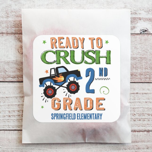 Sticker Carré Prêt à écraser la 2e année (Customize this back to school sticker with your grade level and school or teacher name.)