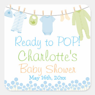 Sticker Carré Prêt À POP ! Baby shower bleu et vert Lil Clochers