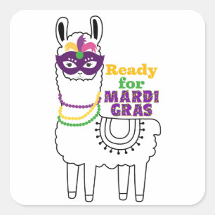 Sticker Carré Prêt pour Mardi Gras lama masque perles plumes