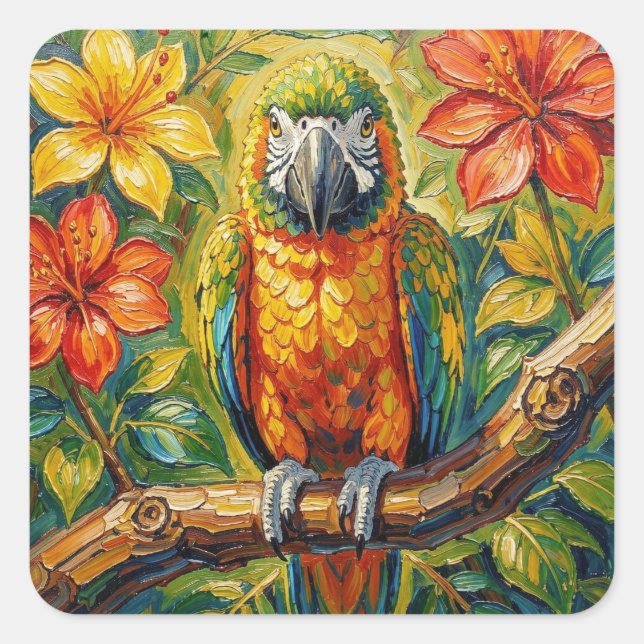 Sticker Carré Pretty Colorful Impasto Parrot and Tropical Flower (Devant)