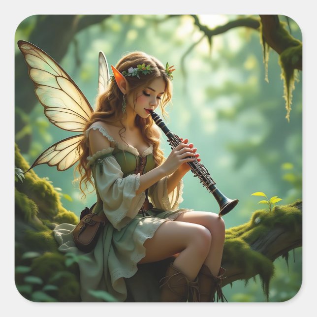 Sticker Carré Pretty Elven Fairy Playing Clarinet (Devant)