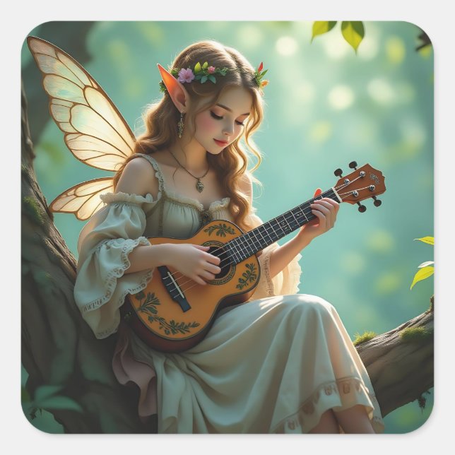 Sticker Carré Pretty Elven Fairy Playing Ukulele (Devant)