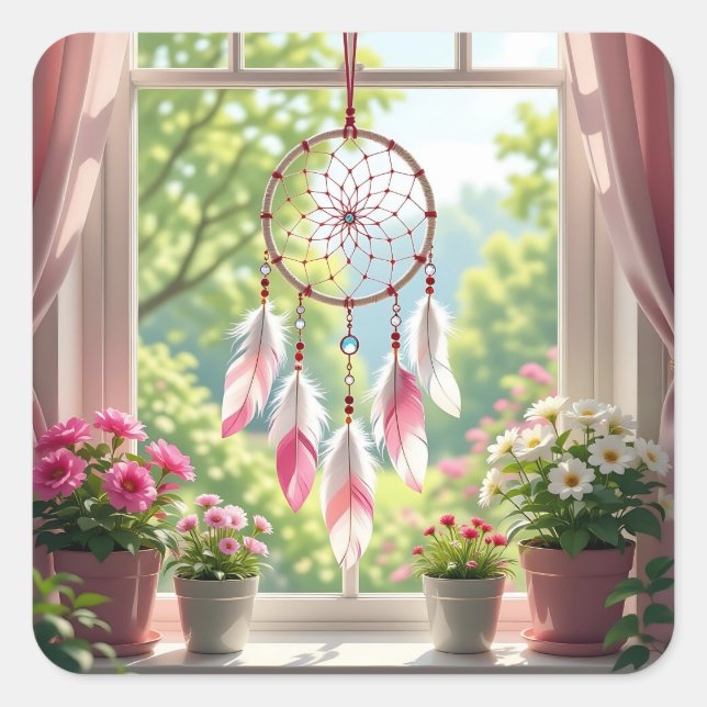 Sticker Carré Pretty Pink Dreamcatcher and Plants Window Sill (Devant)