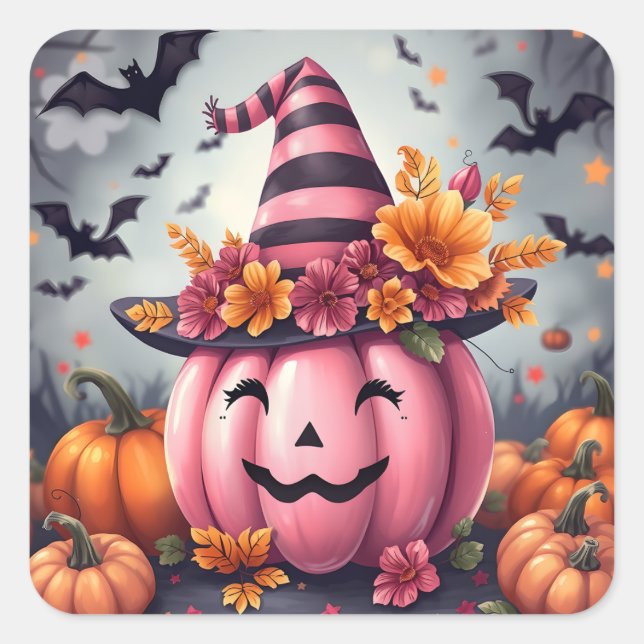 Sticker Carré Pretty Pink Halloween Pumpkin Jack-o-lantern (Devant)