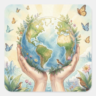 Sticker Carré Pretty Watercolor Earth, Butterflies and Birds