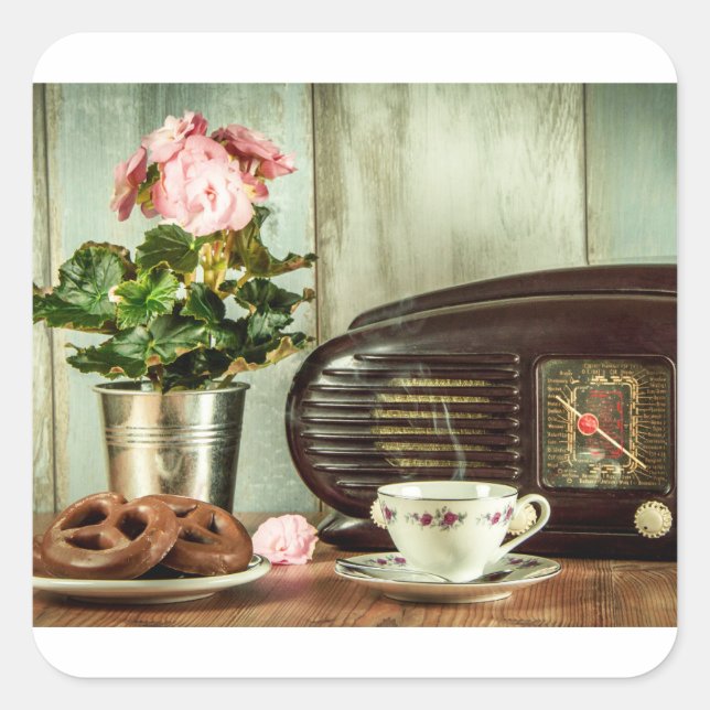Sticker Carré Pretzel Tea Rose Horloge (Devant)