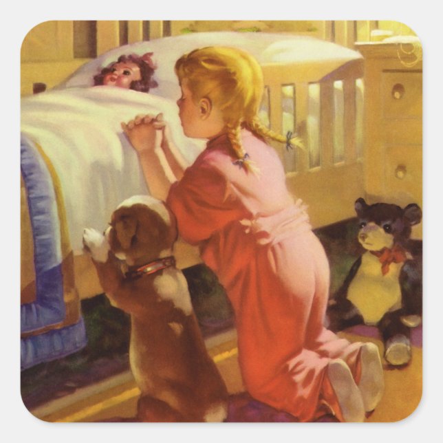 Sticker Carré Prières du coucher, Fille avec chiot, Religion vin (Devant)