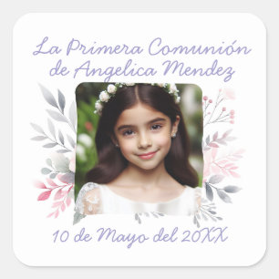 Sticker Carré Primera Comunión con Foto y Flores Espagnol