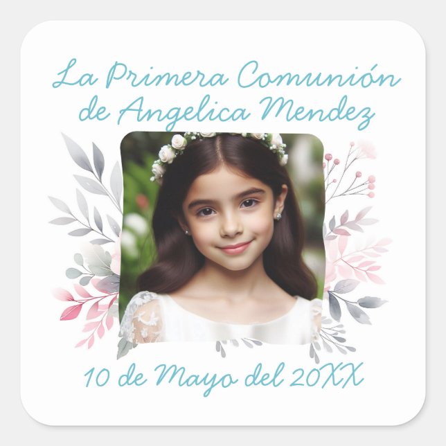 Sticker Carré Primera Comunión con Foto y Flores Espagnol (Devant)
