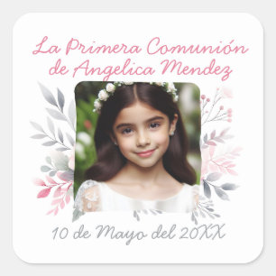 Sticker Carré Primera Comunión con Foto y Flores Espagnol