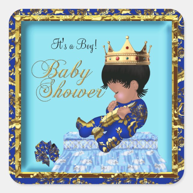 Sticker Carré Prince Baby shower Blue Gold Boy (Devant)
