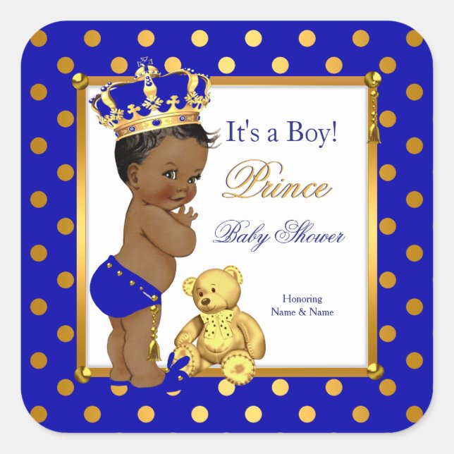 Sticker Carré Prince Baby shower Boy Royal Blue Gold Ethnic (Devant)