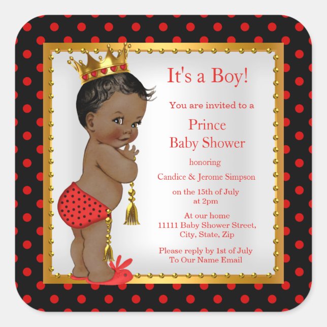 Sticker Carré Prince Baby shower Red Gold Black Boy Ethnic (Devant)