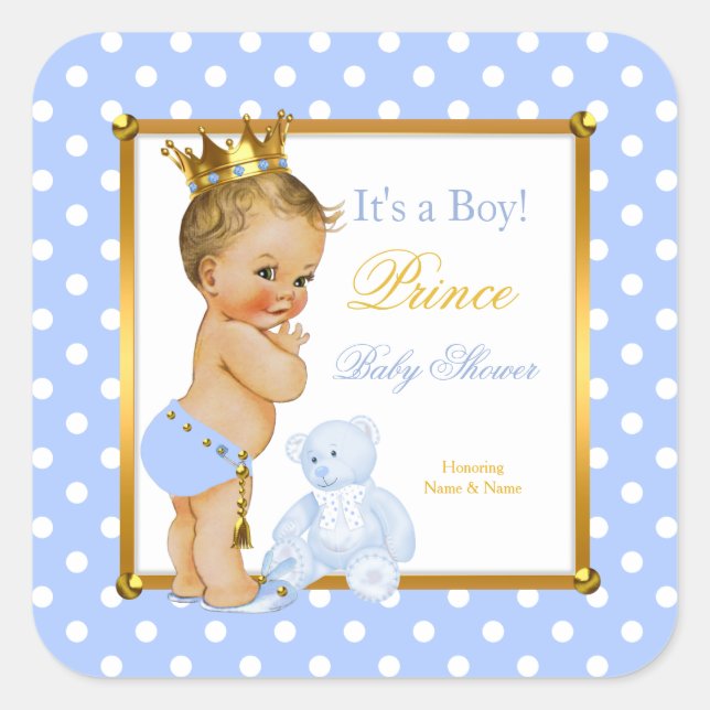 Sticker Carré Prince Bébé Shower Garçon Bleu Points Blonds (Devant)