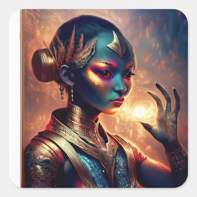 Sticker Carré Princesse Alien Sombre Pose Avec Fond Feu (Devant)