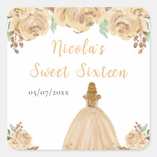 Sticker Carré Princesse aux Cheveux Blonds Fleur Rose Seize Ans