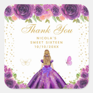 Sticker Carré Princesse aux Cheveux Blonds Fleur Violette Sweet 