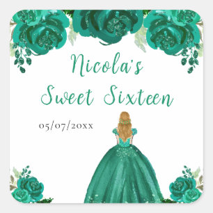 Sticker Carré Princesse aux Cheveux Blonds Fleurs Florales Verte
