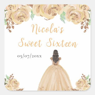 Sticker Carré Princesse aux Cheveux Bruns Peach Floral Sweet Six