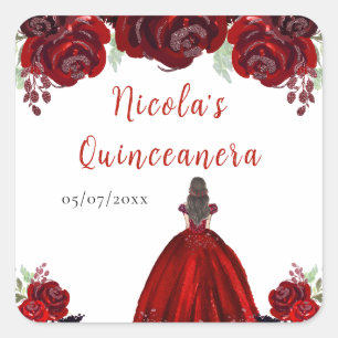 Sticker Carré Princesse aux Cheveux Bruns Robe Florale Rouge Qui