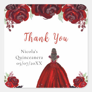 Sticker Carré Princesse aux Cheveux Bruns Robe Florale Rouge Qui