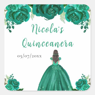 Sticker Carré Princesse aux Cheveux Bruns Robe Florale Verte Qui