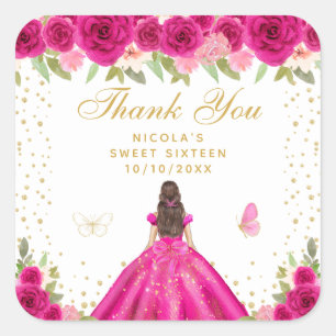 Sticker Carré Princesse aux Cheveux Bruns Rose Chaud Sweet Sixte