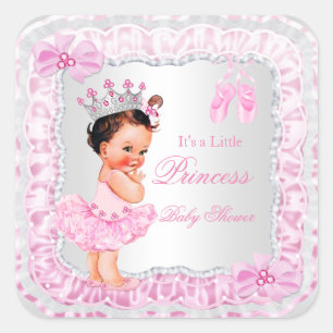 Sticker Carré Princesse Baby Shower Fille Rose Ballerine Brune
