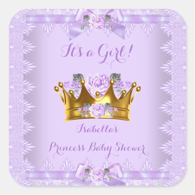 Sticker Carré Princesse Baby shower Violet Rose Lavande Dentelle (Devant)