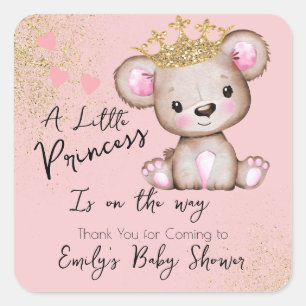 Sticker Carré Princesse de douche de bébé ours rose scintillant