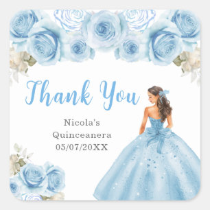 Sticker Carré Princesse en Robe Bleue Quinceanera Merci
