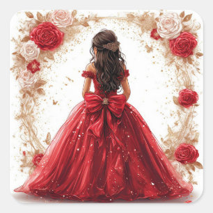 Sticker Carré Princesse en robe rouge entourée de roses