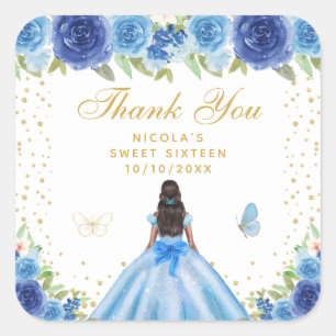 Sticker Carré Princesse Fleur Bleue Peau Foncée Sweet Sixteen