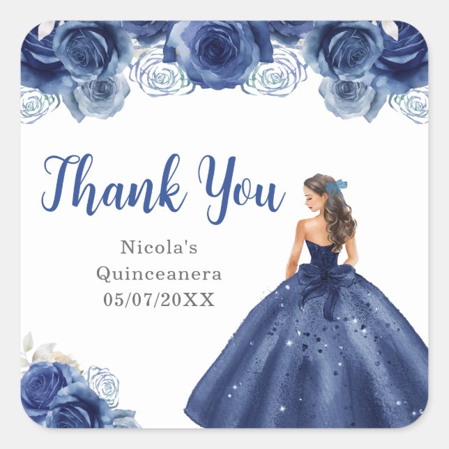 Sticker Carré Princesse florale en robe bleue marine Quinceanera (Devant)