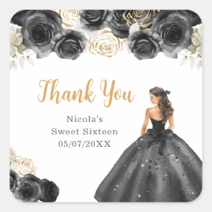 Sticker Carré Princesse florale en robe noire Sweet Sixteen