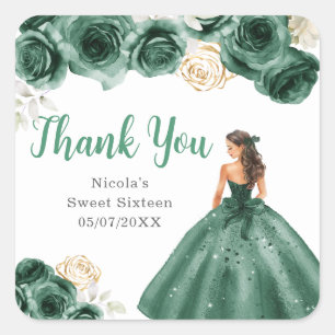 Sticker Carré Princesse florale en robe vert foncé Sweet Sixteen