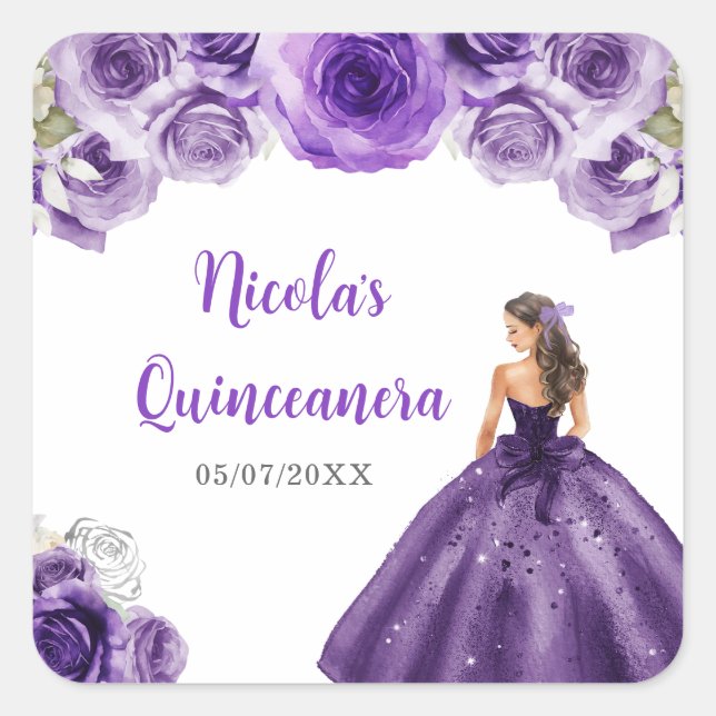 Sticker Carré Princesse Florale en Robe violette foncée Quincean (Devant)