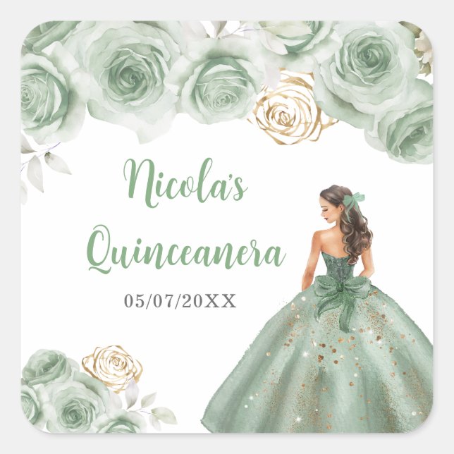 Sticker Carré Princesse Florale en Sage Robe Verte Quinceanera (Devant)