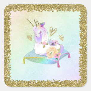 Sticker Carré Princesse Licorne Arc-en-ciel Pastel Fête Iridesce