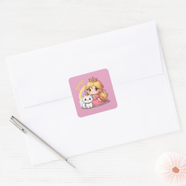 Sticker Carré princesse mignonne personnalisable avec chat blanc (Enveloppe)