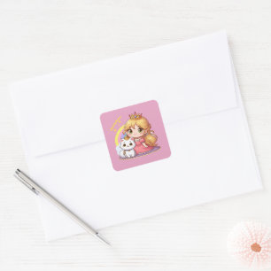 Sticker Carré princesse mignonne personnalisable avec chat blanc