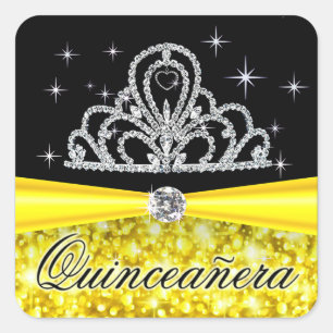 Sticker Carré Princesse noire jaune Tiara Quinceanera Bling