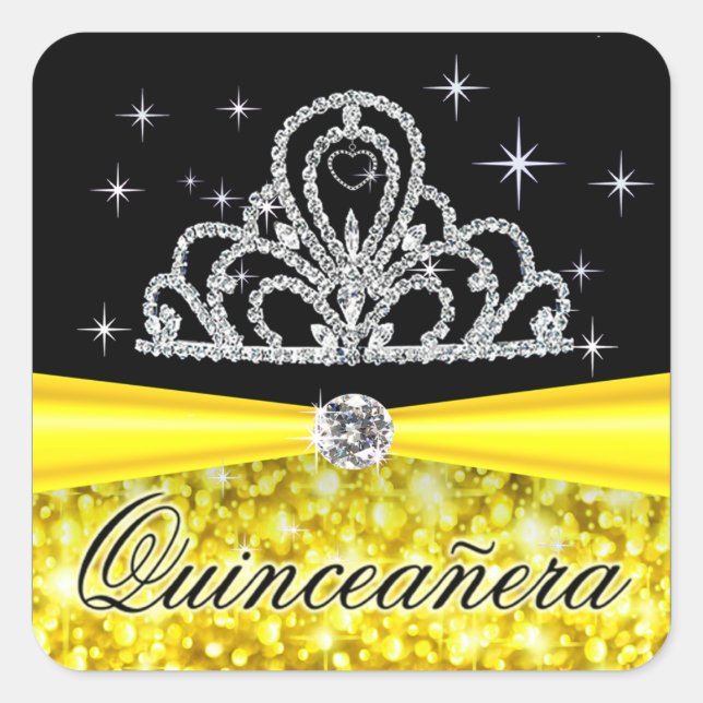 Sticker Carré Princesse noire jaune Tiara Quinceanera Bling (Devant)