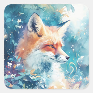 Sticker Carré Profil de renard roux dans une forêt à l'aquarelle