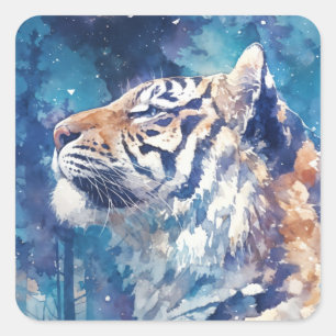 Sticker Carré Profil de tigre à l'aquarelle dans une nuit étoilé